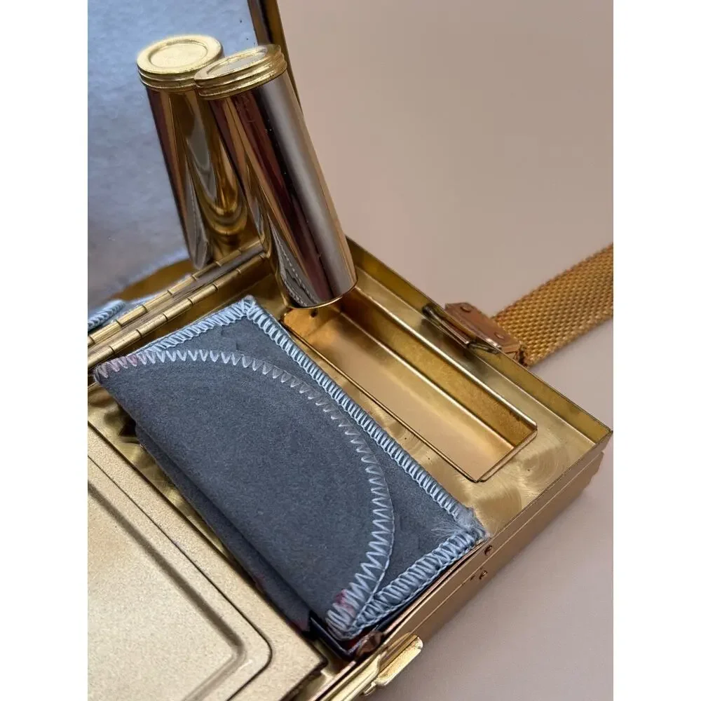 VTG 1950s Compact Purse Mirror Lipstick Money Case Mesh Wrist Strap Cigarette